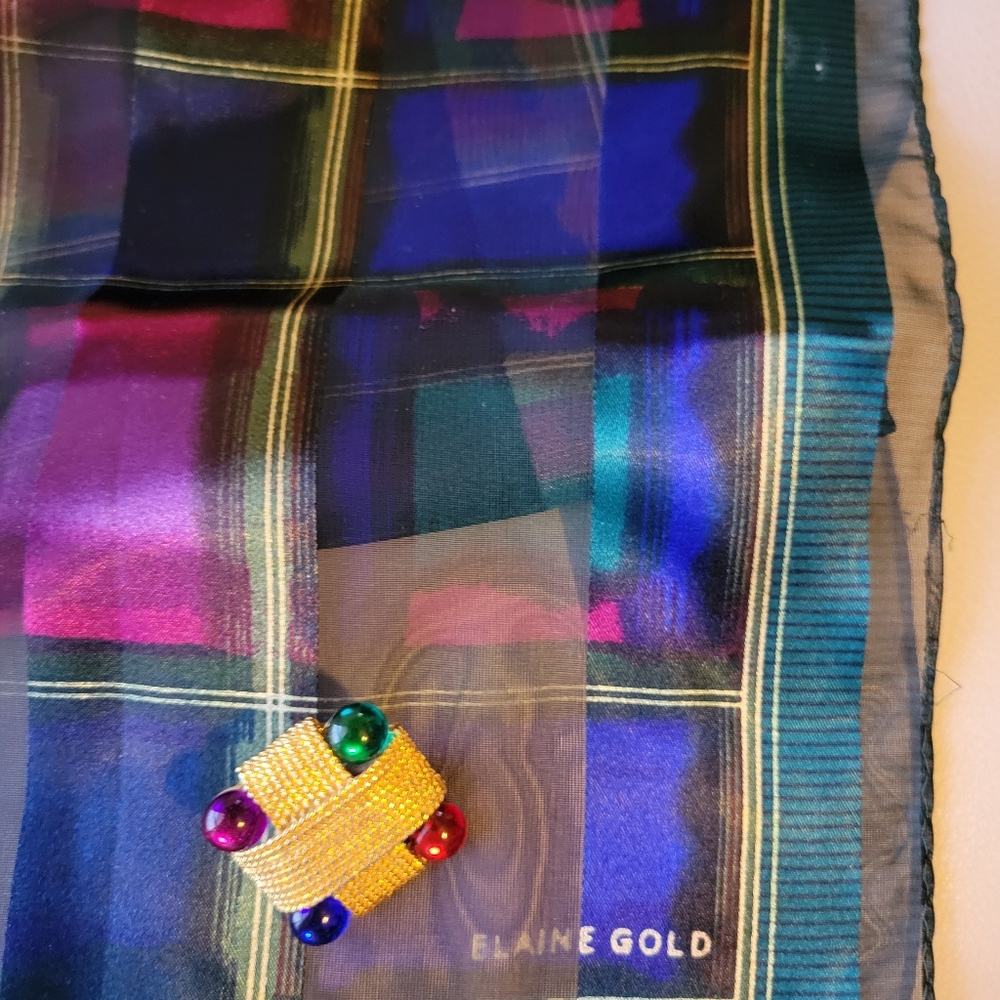 Vintage Elaine Gold Scarf ~ Jewel Tones 70s(?) & single clip earring ~ Art deco-
